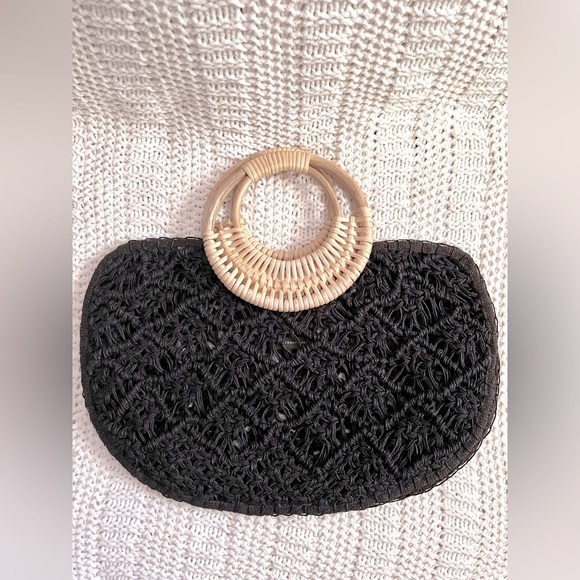 Anthropologie Handbags - Anthropologie, black macrame tote bag purse w/ rattan handles